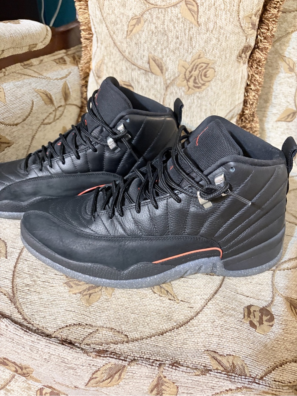 Men's Jordan 12 Retro Utility Black  sneakers with Subtle Red. No original box